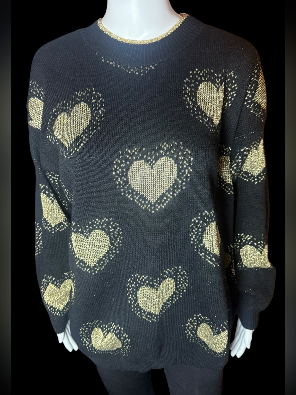 Vintage Frederick’s of Hollywood Black and Metallic Gold Heart Sweater Medium
